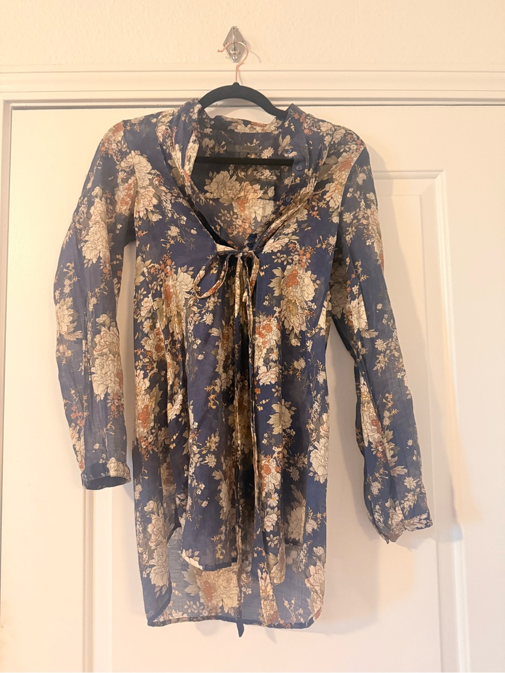 Sheer Navy Floral Tie-Neck Women’s Top